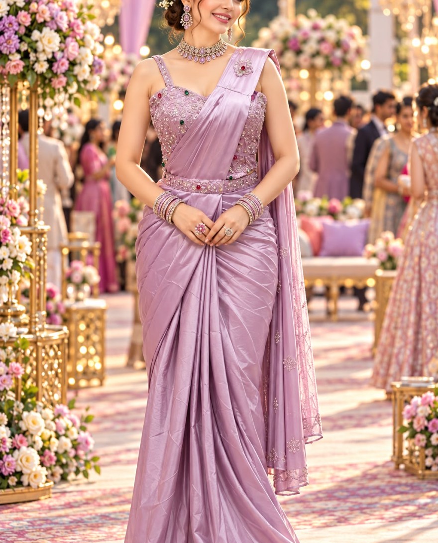 LAVENDER - Lavender Satin Classic Sari